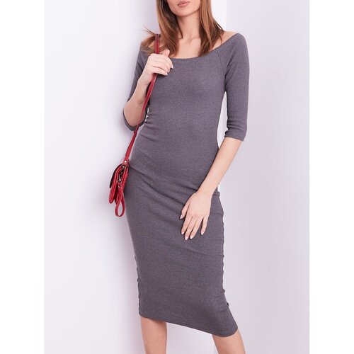 Fashion Hunters Dark gray striped dress with bare shoulders Slike