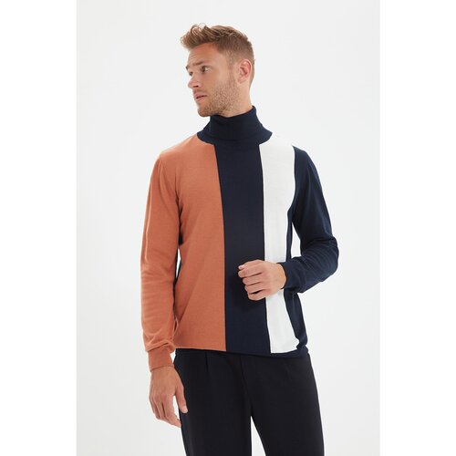 Trendyol Tamnoplavi muški pulover u boji sa tankim rukavom u boji Slike