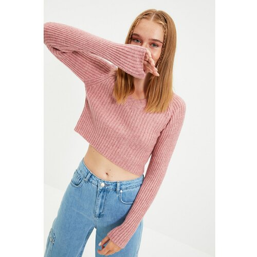 Trendyol Dried Rose V-Neck Crop Knitwear Sweater Slike