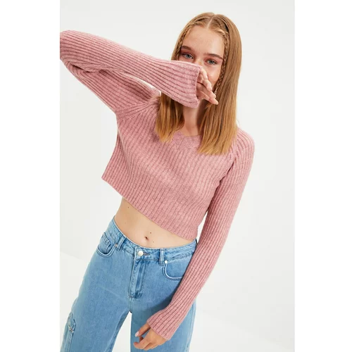 Trendyol Dried Rose V-Neck Crop Knitwear Sweater