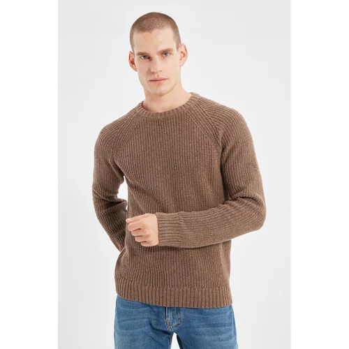 Trendyol Brown Men's Slim Fit Crew Neck Raglan Sleeve Basic Knitwear Sweater