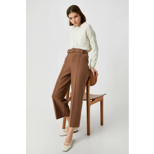 Koton Women's Brown Wide Leg Belted Trousers
