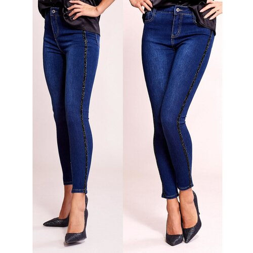 Fashion Hunters Denim fitted trousers with a dark blue application Slike