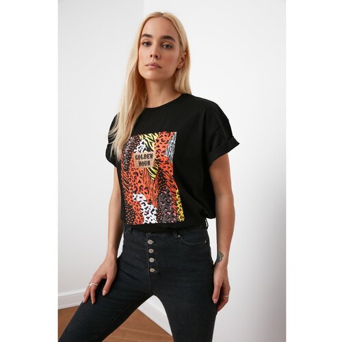 Trendyol Black Printed Boyfriend Knitted T-Shirt Slike