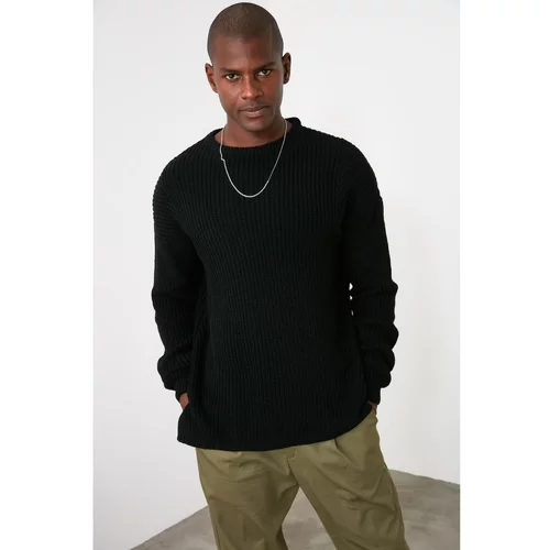 Trendyol Black Men's Oversize Fit Wide Fit Crew Neck Slit Knitwear Sweater