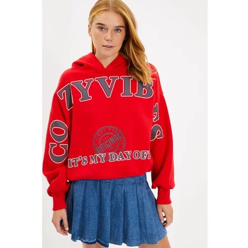 Trendyol Red Hoodie Printed Knitted Sweatshirt