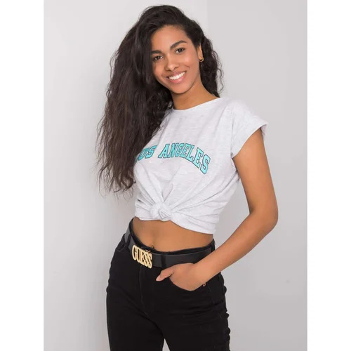 Fashionhunters RUE PARIS Light gray melange t-shirt with an inscription