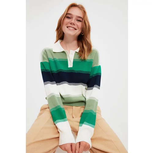Trendyol Green Color Block Polo Collar Knitwear Sweater