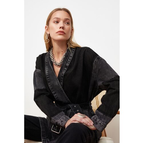 Trendyol Anthracite Belted Color Block Oversize Denim Jacket Cene