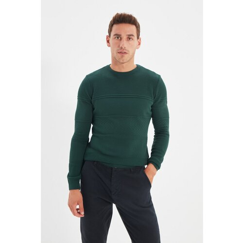 Trendyol Tamnozeleni džemper s tankim krojem za muškarce s tankim izrezom Slike
