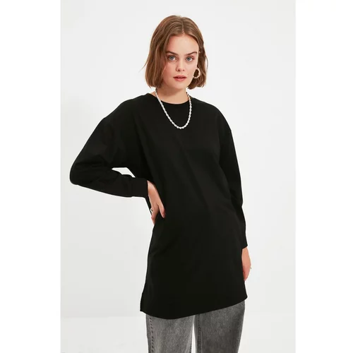 Trendyol Black Crew Neck Slit Detailed Basic Knitted Sweatshirt
