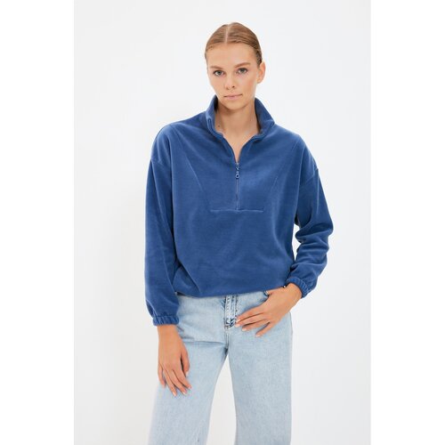 Trendyol Indigo Zipper Detailed Fleece Basic Knitted Sweatshirt Cene