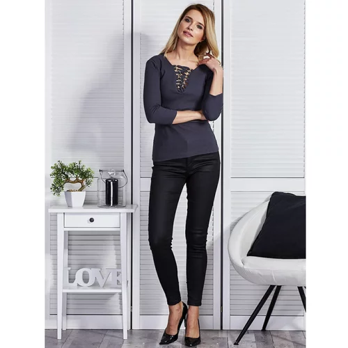 Fashionhunters Ladies' dark gray blouse with a lace neckline