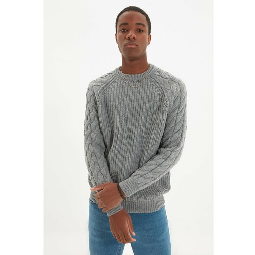 Trendyol Gray Men's Hair Knitting Detailed Crew Neck Regular Fit Knitwear Sweater Cene