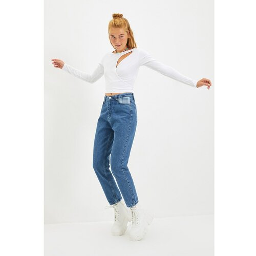 Trendyol Blue Plaid Detailed High Waist Mom Jeans Slike