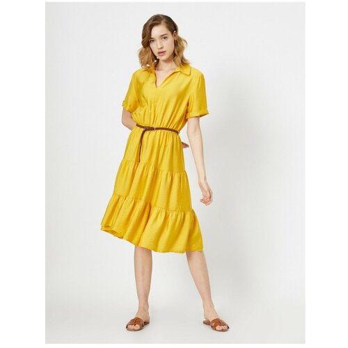 Koton Žena Žuti pojas sa detaljem Midi haljina s kratkim rukavima i kratkim rukavima bela | žuta Slike