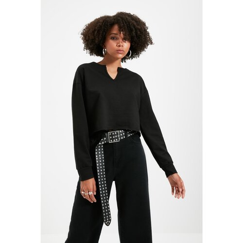 Trendyol Black V-Neck Crop Knit Slim Sweatshirt Slike