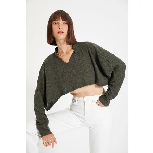 Trendyol Khaki Ribbed Super Crop Knitted Blouse