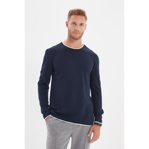 Trendyol Navy Blue Men's Slim Fit Contrast Collar Piped Sweater Slike