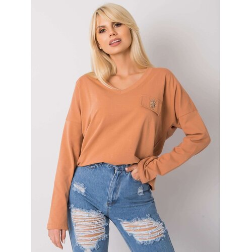 Fashion Hunters Light brown cotton blouse with V-neck. Slike