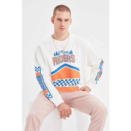 Trendyol Ecru Men&amp;#039;s Oversize Fit Long Sleeve Crew Neck Printed Sweatshirt Slike