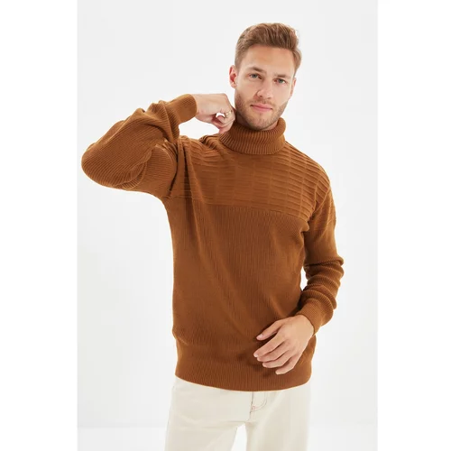 Trendyol Camel Men's Slim Fit Turtleneck Textured Paneled Knitwear Sweater
