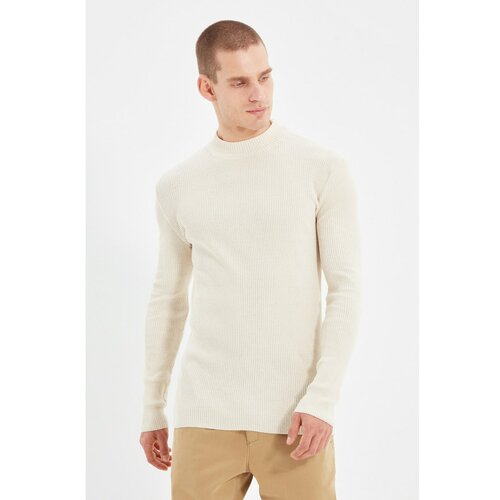 Trendyol Ecru Men's Slim Fit Half Turtleneck Corduroy Knitted Sweater Slike