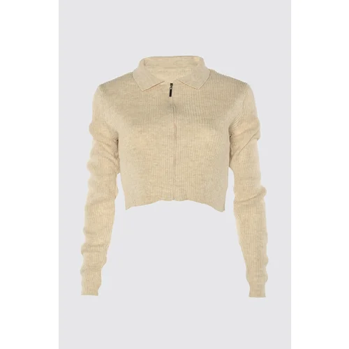 Trendyol Beige Crop Zippered Knitwear Cardigan