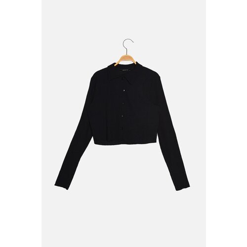 Trendyol Navy Blue Buttoned Polo Neck Crepe Crop Knitted Blouse Slike
