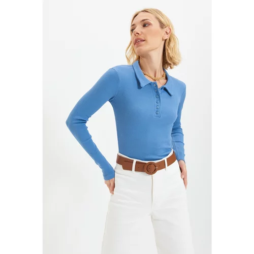Trendyol Blue Polo Neck Corduroy Knitted Blouse