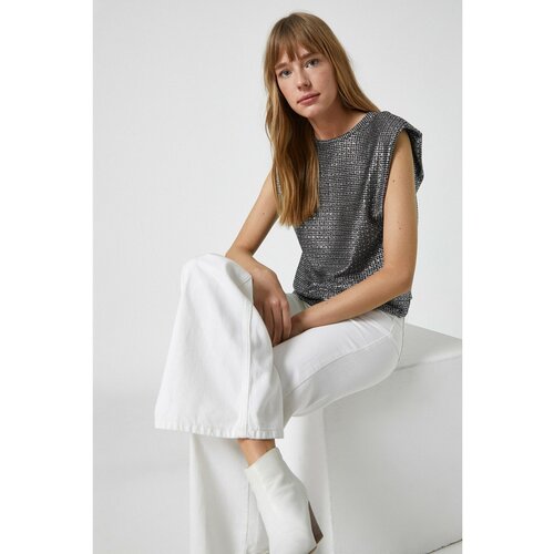 Koton Women&amp;#039;s Gray Wavy Metallic Crew Neck T-Shirt Slike