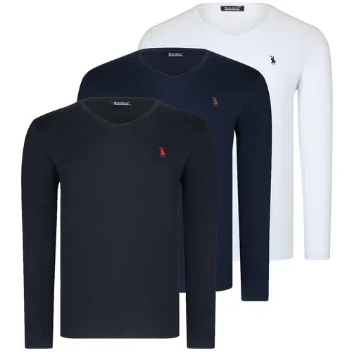 Dewberry TRIPLE SET T8587 V COLLAR MEN'S SWEATSHIRT-BLACK-WHITE-LACİVERT