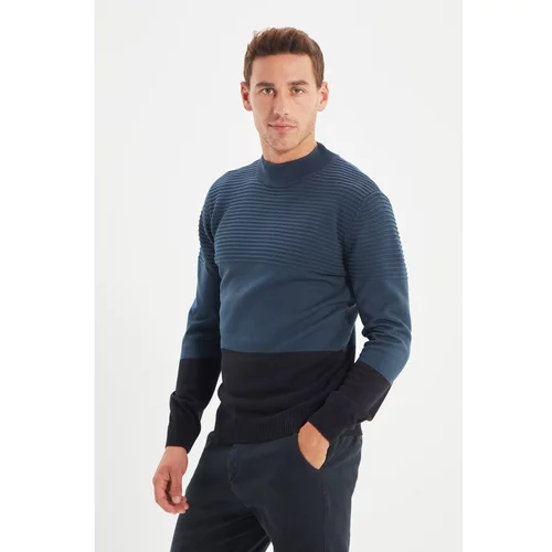 Trendyol Navy Blue Men's Slim Fit Half Fisherman Paneled Knitwear Sweater