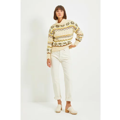 Trendyol Beige Jacquard Turtleneck Knitwear Pullover Sweater