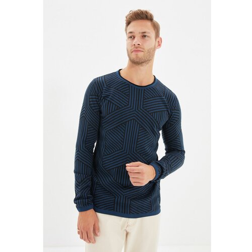 Trendyol Tamnoplavi muški slim fit geometrijski pleteni džemper s grlom za posadu Slike