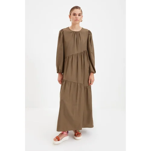 Trendyol Khaki Ruffle Detailed Crew Neck Poplin Woven Dress