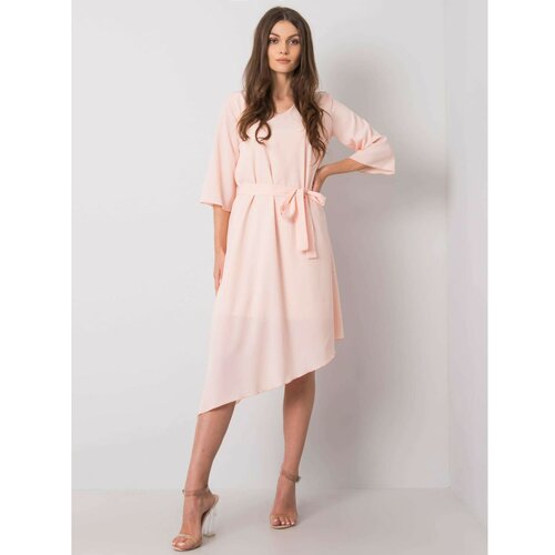 Fashion Hunters Light pink asymmetrical dress with a belt Slike