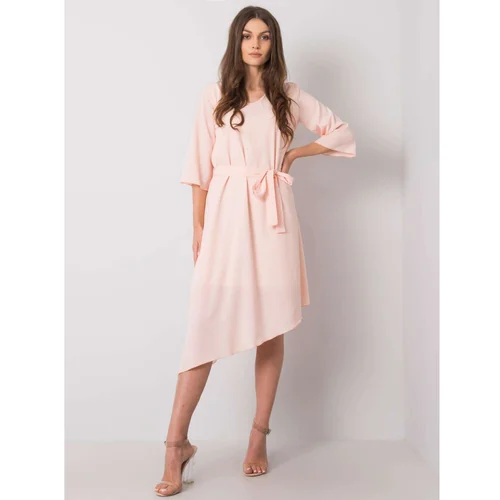Fashionhunters Light pink asymmetrical dress with a belt
