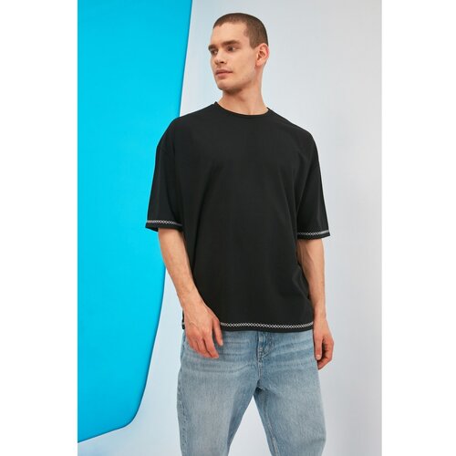 Trendyol Black Male Oversize Bike Collar Short Sleeve Embroidered T-Shirt Cene