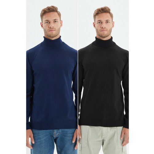 Trendyol Crno-tamnoplavi muški džemper s tankim krojačem i 2 pakiranja tankog kroja Slike