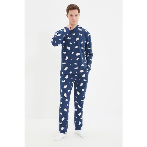 Trendyol Navy Blue Men&amp;#039;s Regular Fit Printed Top Hooded Pajamas Set Slike