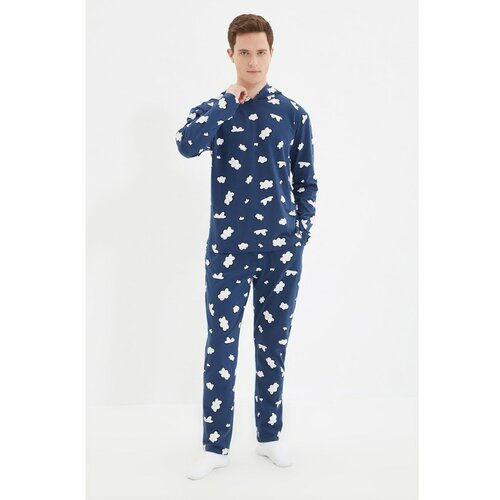 Trendyol Navy Blue Men's Regular Fit Printed Top Hooded Pajamas Set Slike