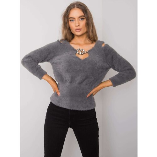 Fashion Hunters RUE PARIS Dark gray sweater with a triangular neckline Slike