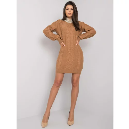 Fashion Hunters RUE PARIS Camel knitted dress with pearls