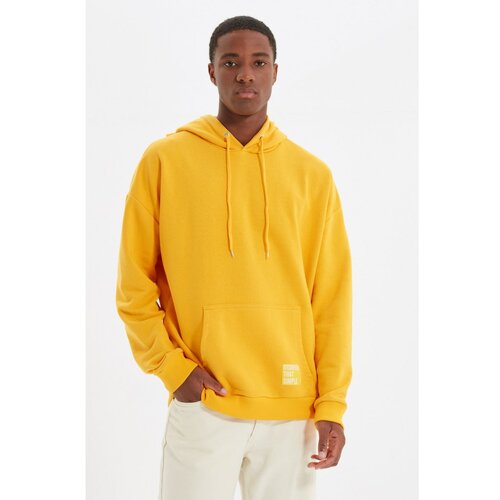 Trendyol Yellow Men's Hoodie Oversize Slogan Label Sweatshirt Cene