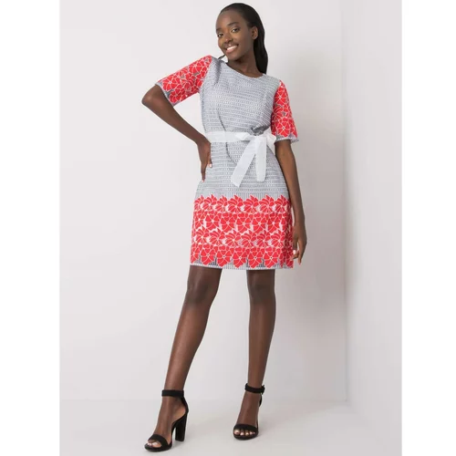 Fashion Hunters Gray and red patterned dress with a belt