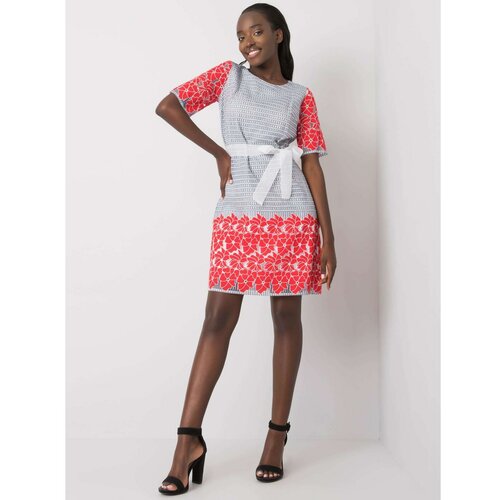 Fashion Hunters Gray and red patterned dress with a belt Slike