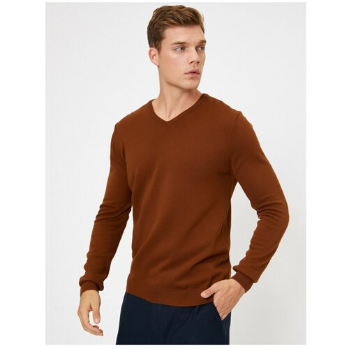 Koton Men's Coffee V Collar Sweater Slike
