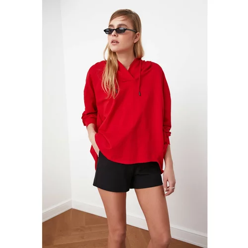 Trendyol Red Hoodie and Pocket Loose Knitted Slim Sweatshirt