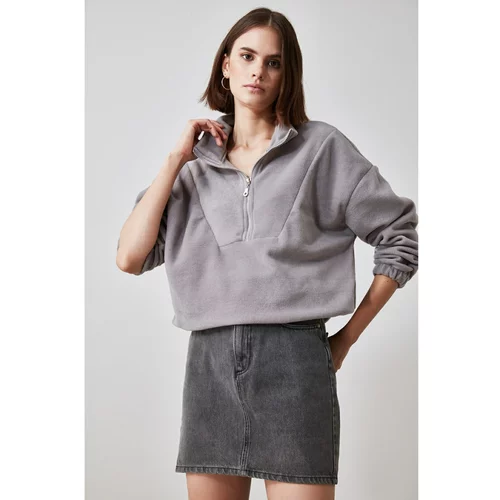 Trendyol Gray Zipper Detailed Fleece Knitted Sweatshirt